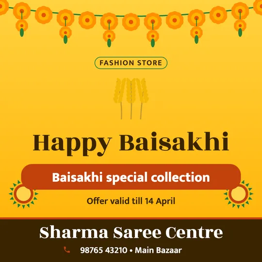 Baisakhi poster in English for a clothing shop: “Happy Baisakhi”, Baisakhi special collection, Sharma Saree Centre