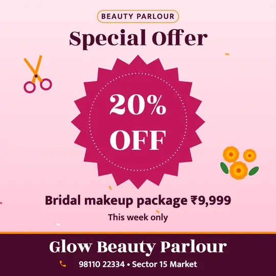 Beauty parlour offer poster in English: 20% OFF, Bridal makeup package ₹9,999, Glow Beauty Parlour