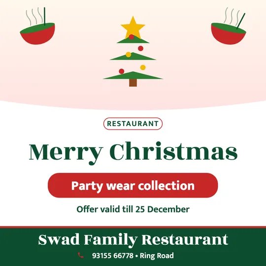 Christmas poster in English for a restaurant: “Merry Christmas”, Party wear collection, Swad Family Restaurant