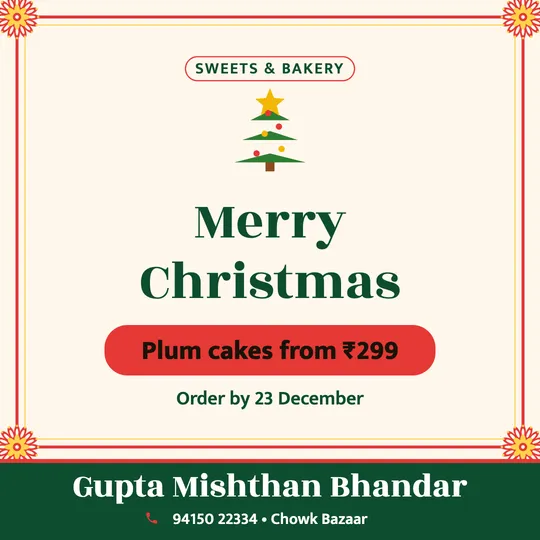 Christmas poster in English for a sweet shop: “Merry Christmas”, Plum cakes from ₹299, Gupta Mishthan Bhandar