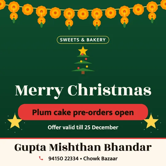 Christmas poster in English for a sweet shop: “Merry Christmas”, Plum cake pre-orders open, Gupta Mishthan Bhandar