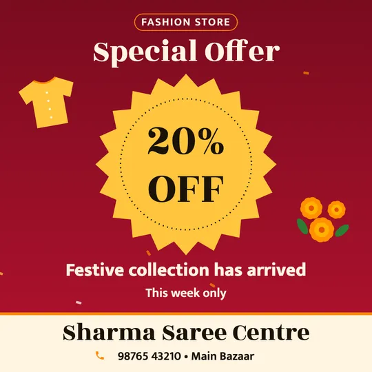 Clothing shop offer poster in English: 20% OFF, Festive collection has arrived, Sharma Saree Centre