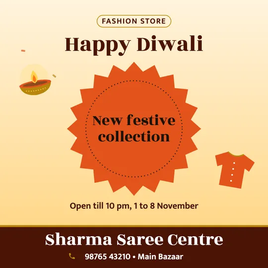 Diwali poster in English for a clothing shop: “Happy Diwali”, New festive collection, Sharma Saree Centre