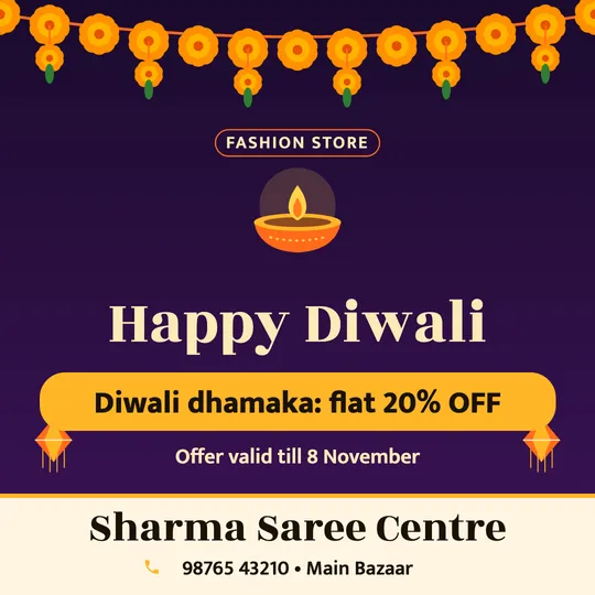 Diwali poster in English for a clothing shop: “Happy Diwali”, Diwali dhamaka: flat 20% OFF, Sharma Saree Centre