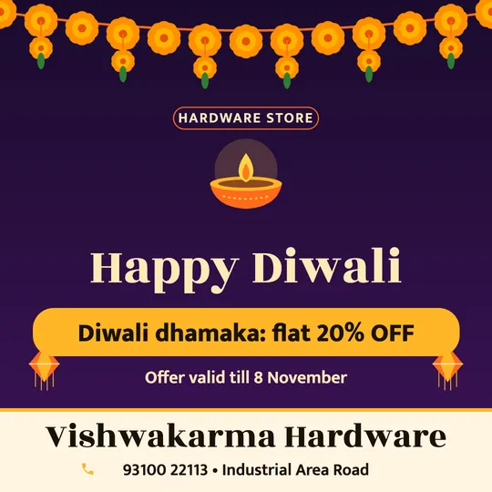 Diwali poster in English for a hardware shop: “Happy Diwali”, Diwali dhamaka: flat 20% OFF, Vishwakarma Hardware