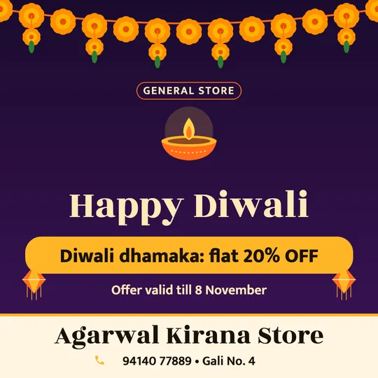 Diwali poster in English for a kirana store: “Happy Diwali”, Diwali dhamaka: flat 20% OFF, Agarwal Kirana Store