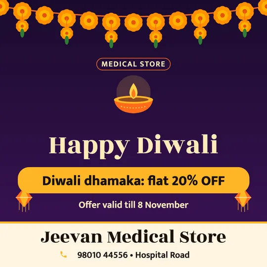 Diwali poster in English for a medical store: “Happy Diwali”, Diwali dhamaka: flat 20% OFF, Jeevan Medical Store