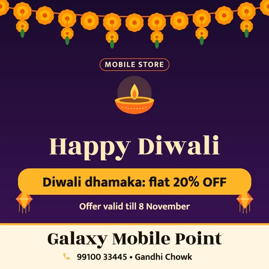 Diwali poster in English for a mobile shop: “Happy Diwali”, Diwali dhamaka: flat 20% OFF, Galaxy Mobile Point