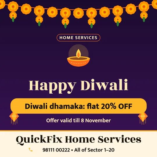 Diwali poster in English for a plumber & electrician: “Happy Diwali”, Diwali dhamaka: flat 20% OFF, QuickFix Home Services
