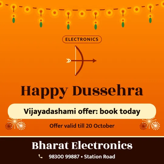 Dussehra poster in English for a electronics: “Happy Dussehra”, Vijayadashami offer: book today, Bharat Electronics