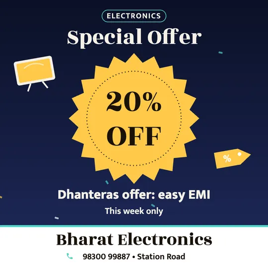 Electronics offer poster in English: 20% OFF, Dhanteras offer: easy EMI, Bharat Electronics