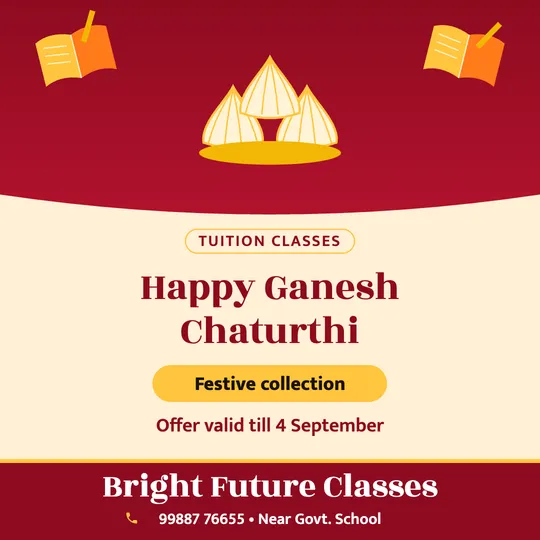 Ganesh Chaturthi poster in English for a tuition class: “Happy Ganesh Chaturthi”, Festive collection, Bright Future Classes