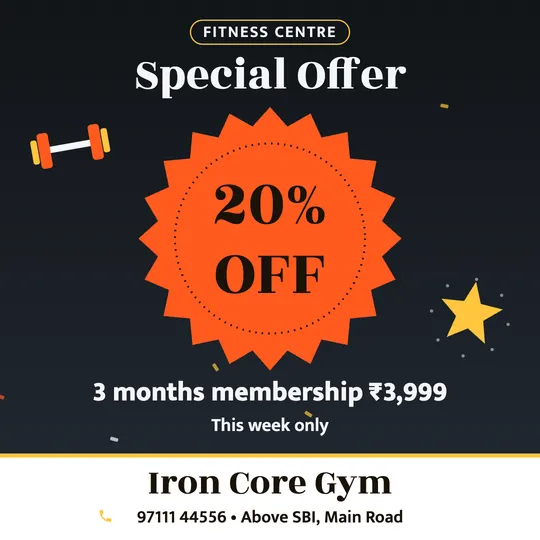 Gym offer poster in English: 20% OFF, 3 months membership ₹3,999, Iron Core Gym