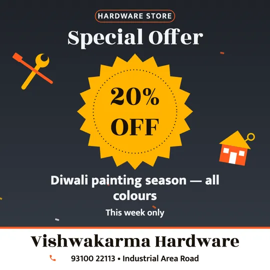 Hardware shop offer poster in English: 20% OFF, Diwali painting season, all colours, Vishwakarma Hardware
