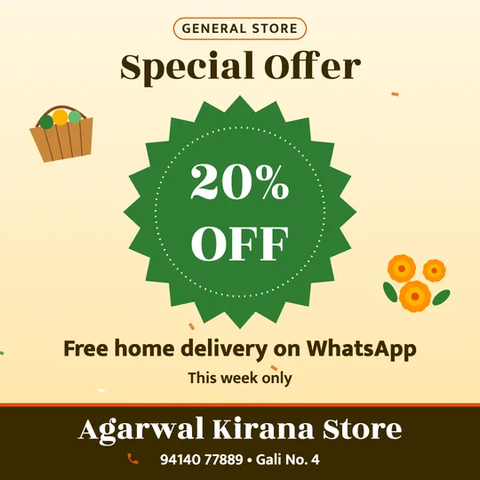 Kirana store offer poster in English: 20% OFF, Free home delivery on WhatsApp, Agarwal Kirana Store