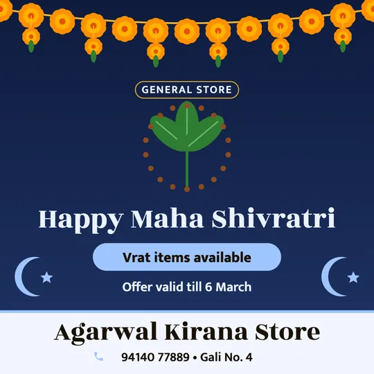 Maha Shivratri poster in English for a kirana store: “Happy Maha Shivratri”, Vrat items available, Agarwal Kirana Store