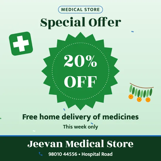 Medical store offer poster in English: 20% OFF, Free home delivery of medicines, Jeevan Medical Store
