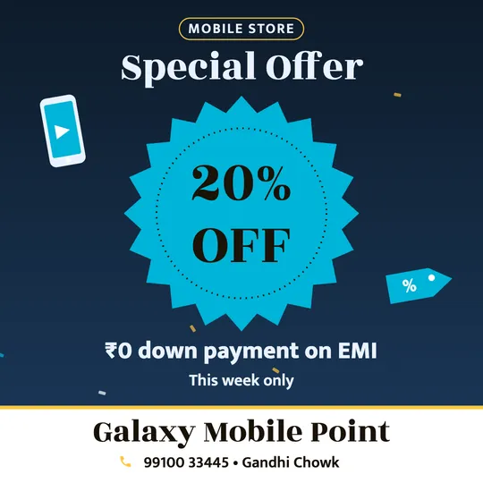 Mobile shop offer poster in English: 20% OFF, ₹0 down payment on EMI, Galaxy Mobile Point