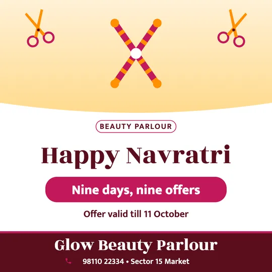 Navratri poster in English for a beauty parlour: “Happy Navratri”, Nine days, nine offers, Glow Beauty Parlour