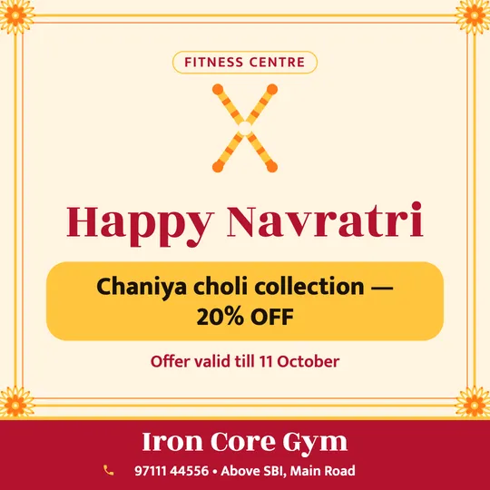 Navratri poster in English for a gym: “Happy Navratri”, Chaniya choli collection, 20% OFF, Iron Core Gym