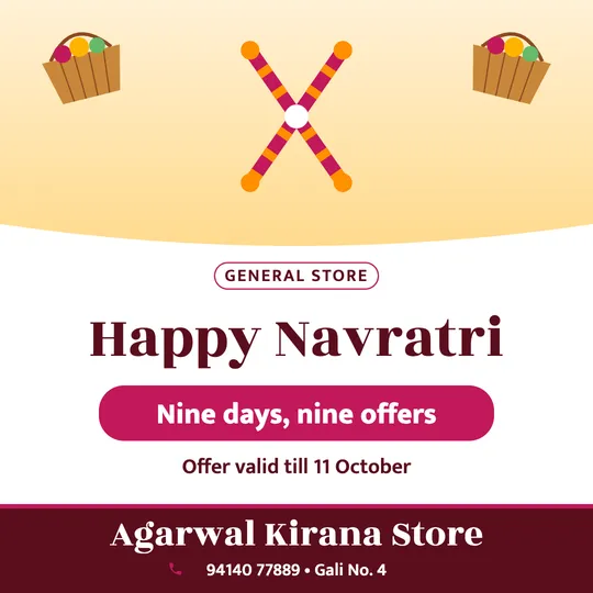Navratri poster in English for a kirana store: “Happy Navratri”, Nine days, nine offers, Agarwal Kirana Store