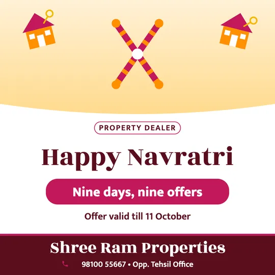 Navratri poster in English for a real estate: “Happy Navratri”, Nine days, nine offers, Shree Ram Properties