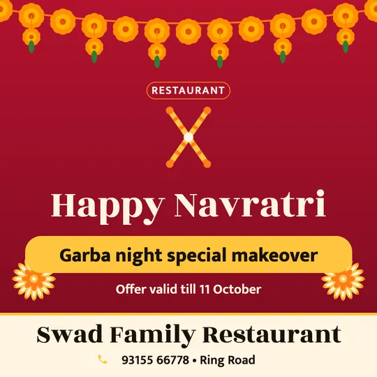 Navratri poster in English for a restaurant: “Happy Navratri”, Garba night special makeover, Swad Family Restaurant
