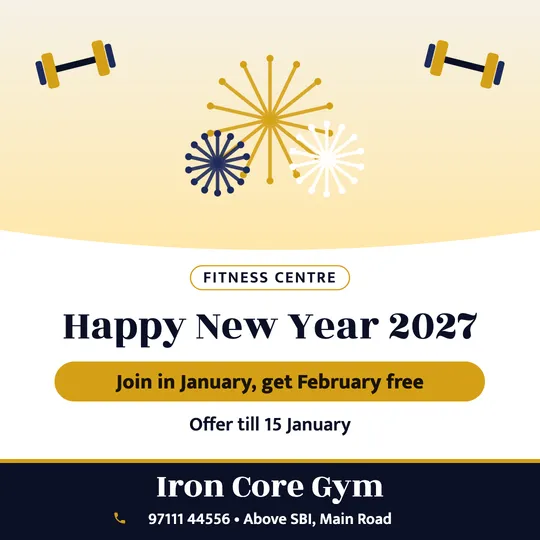 New Year poster in English for a gym: “Happy New Year 2027”, Join in January, get February free, Iron Core Gym
