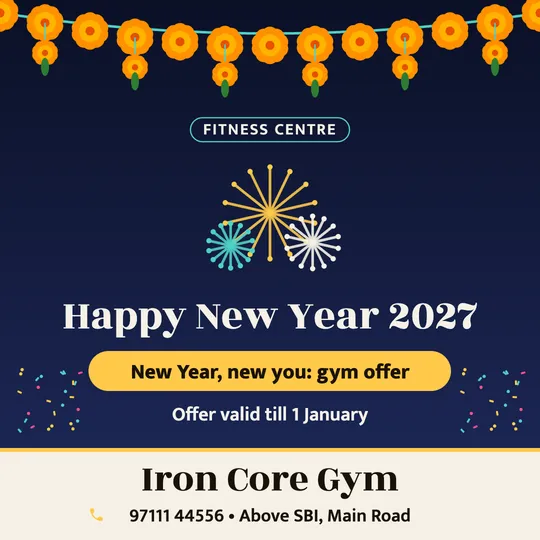 New Year poster in English for a gym: “Happy New Year 2027”, New Year, new you: gym offer, Iron Core Gym