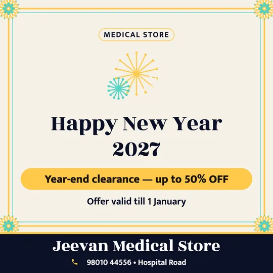 New Year poster in English for a medical store: “Happy New Year 2027”, Year-end clearance, up to 50% OFF, Jeevan Medical Store