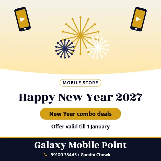 New Year poster in English for a mobile shop: “Happy New Year 2027”, New Year combo deals, Galaxy Mobile Point