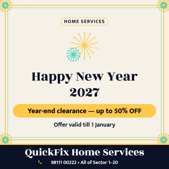 New Year poster in English for a plumber & electrician: “Happy New Year 2027”, Year-end clearance, up to 50% OFF, QuickFix Home Services