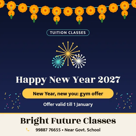 New Year poster in English for a tuition class: “Happy New Year 2027”, New Year, new you: gym offer, Bright Future Classes