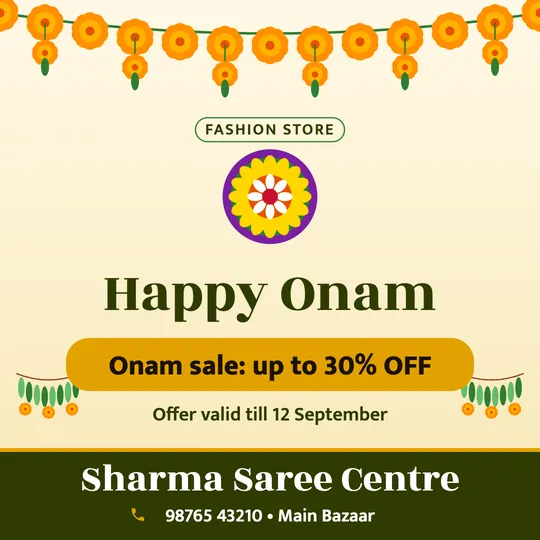 Onam poster in English for a clothing shop: “Happy Onam”, Onam sale: up to 30% OFF, Sharma Saree Centre
