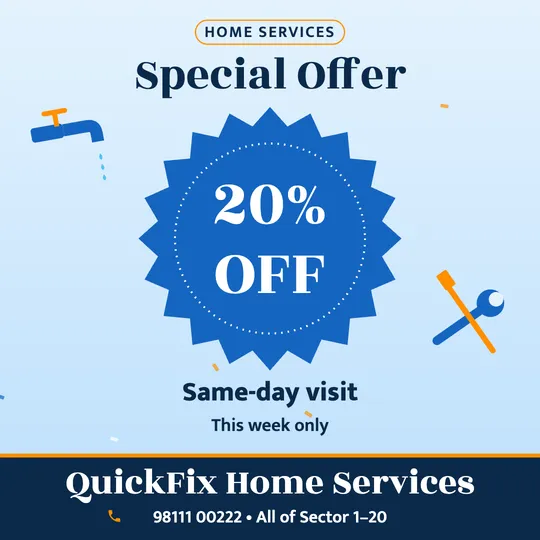 Plumber & electrician offer poster in English: 20% OFF, Same-day visit, QuickFix Home Services