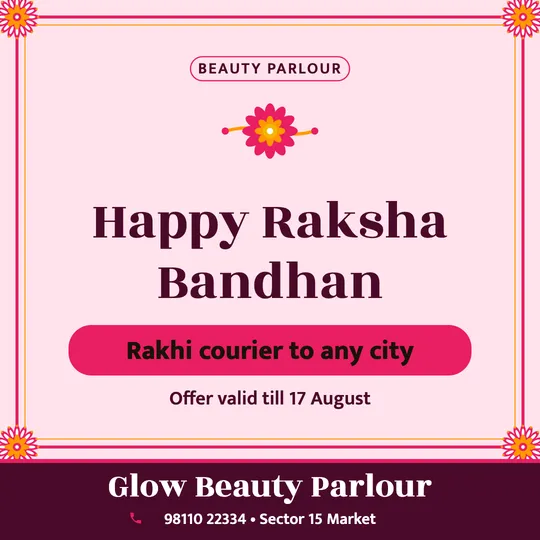 Raksha Bandhan poster in English for a beauty parlour: “Happy Raksha Bandhan”, Rakhi courier to any city, Glow Beauty Parlour