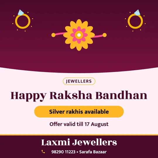 Raksha Bandhan poster in English for a jewellery shop: “Happy Raksha Bandhan”, Silver rakhis available, Laxmi Jewellers
