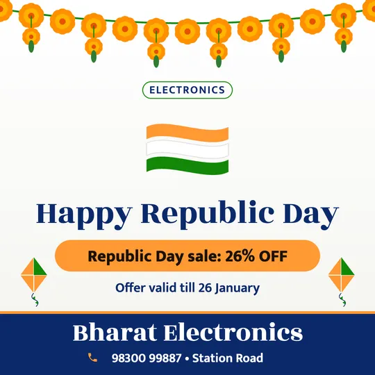 Republic Day poster in English for a electronics: “Happy Republic Day”, Republic Day sale: 26% OFF, Bharat Electronics