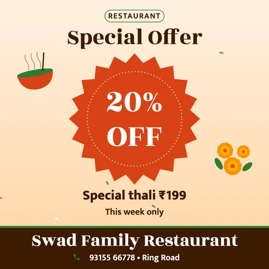 Restaurant offer poster in English: 20% OFF, Special thali ₹199, Swad Family Restaurant
